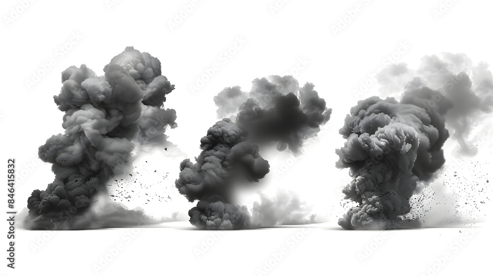 Wall mural black realistic smoke and dust clouds isolated on a white background, depicting dirty polluted smog 