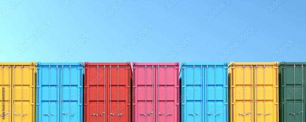 Poster a row of colorful shipping containers are lined up against a blue sky. the containers are of differe