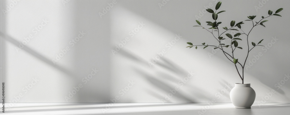 Aufkleber a white vase with a plant in it sits on a table in a room with a white wall. the vase is the only ob