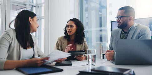 Fototapeta premium Group, people and meeting with ideas, solution and decision for business, workplace or company. Teamwork, discussion and technology for planning, collaboration and goal in brainstorming for project