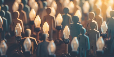 Obraz premium Wooden figures feature bulbs instead of heads, standing in soft light, symbolizing ideas, innovation, and creativity in a visually striking representation blending light and art.