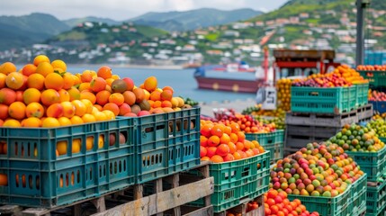 Vibrant crates of tropical fruits stacked, ready for export, with a scenic coastal port in the background