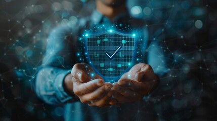 Man's Hands Holding a Shield with a Check Mark on Virtual Screen, Representing Business Technology Protection Services and Security in Internet Network Connections