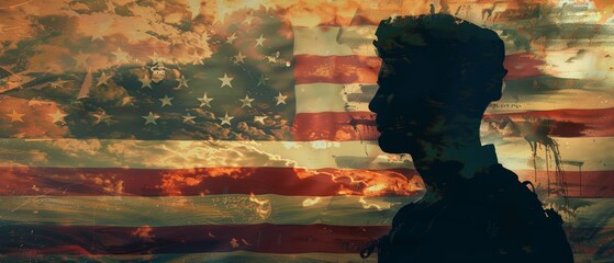 Veterans Day tribute, close-up double exposure of USA flag texture and a soldier's silhouette, symbolizing honor and creativity