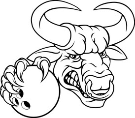 A bull or Minotaur monster longhorn cow angry mean ten pin bowing mascot cartoon.