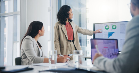 Data analysis, business meeting or woman with graph presentation in office for revenue, profit or...