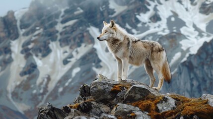 Obraz premium A photograph of a lone wolf standing on a mountain representing inner strength and independence.