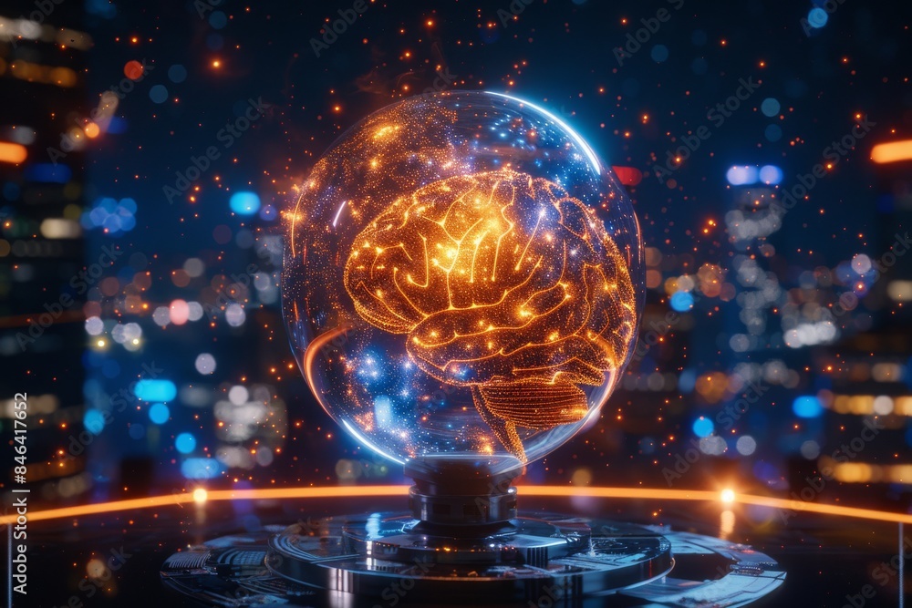 Poster futuristic ai globe with neon elements, representing advanced technology and global connectivity