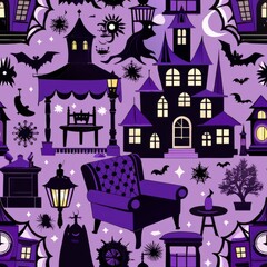 Seamless pattern of haunted house interiors with cobwebs and dusty furniture, Generative AI