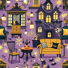 Obraz premium Seamless pattern of haunted house interiors with cobwebs and dusty furniture, Generative AI
