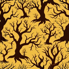 Seamless pattern of haunted trees with twisted branches and barren limbs, Generative AI