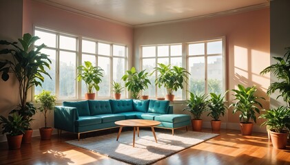 Fototapeta premium Bright Sunroom with Lush Green Plants, wooden floors, and potted plants in the corner. 