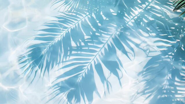 Tranquil water surface with palm leaf shadows creating abstract patterns on a sunny day, calm and travel background, tropical relaxation