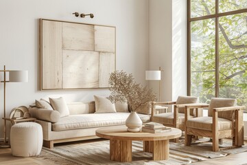 A living room with a blush velvet sofa, a midcentury modern sideboard and a brass floor lamp.