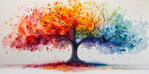 A beautiful tree with colorful leaves, watercolors on canva