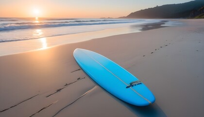 A serene beach at sunset, with a lone surfboard planted in the sand. 
