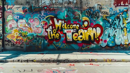 Graffiti Welcome to the Team Street Art. Vibrant street art with graffiti text "Welcome to the Team" on urban walls, celebrating new team members with colorful designs.