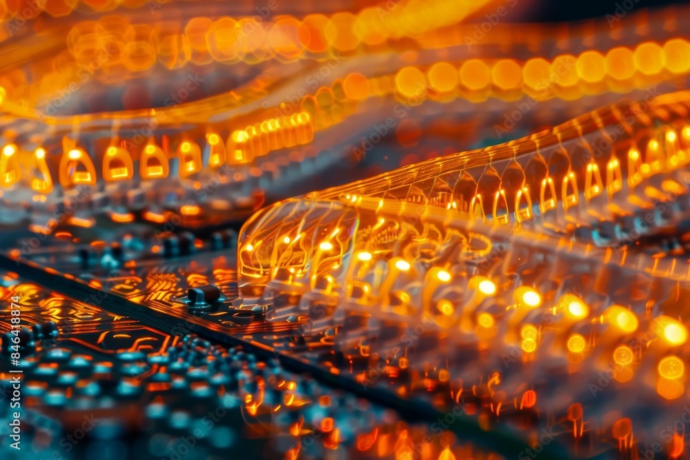 Poster neon digital circuitry with warm lighting, representing advanced ai and high tech innovation