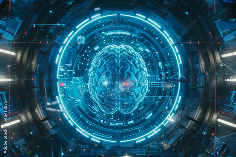 Poster digital brain in a blue circular interface, showcasing advanced ai and neural network technology