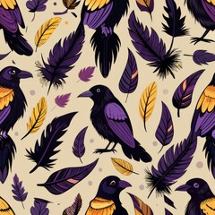 Seamless pattern of sinister ravens and crow feathers, Generative AI