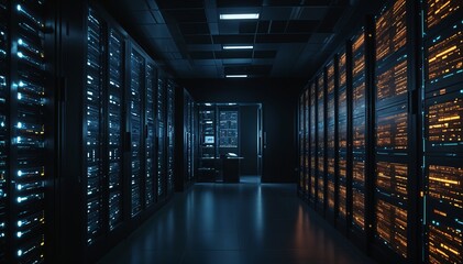 Fototapeta premium A picture of a server room with rows of network servers. The room supports backup, mining, hosting, mainframes, and computer racks with storage 
