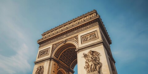 Fototapeta premium This image captures the iconic Arc de Triomphe in Paris, towering majestically against a clear blue sky, showcasing its intricate architectural details.