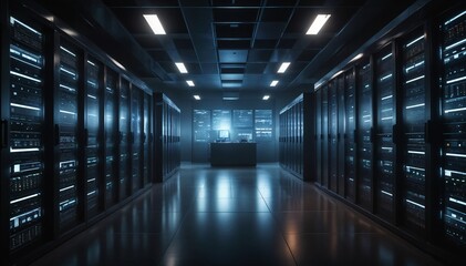 Obraz premium A picture of a server room with rows of network servers. The room supports backup, mining, hosting, mainframes, and computer racks with storage 