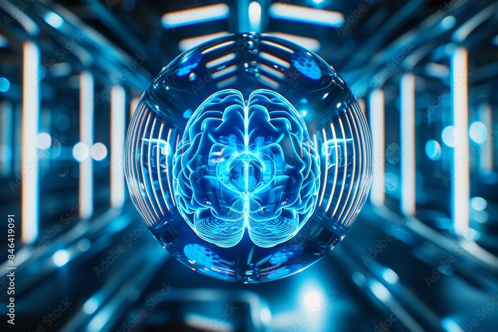Poster blue holographic brain in a futuristic setting, representing advanced ai and neural technology