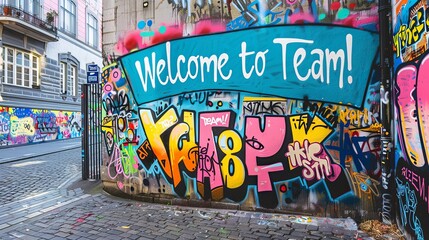 Graffiti Welcome to the Team Street Art. Vibrant street art with graffiti text "Welcome to the Team" on urban walls, celebrating new team members with colorful designs.