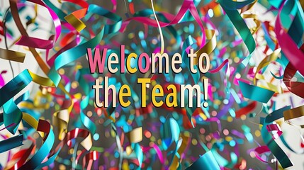 Welcome to the Team Celebration Graphics. Colorful and festive graphics with confetti and balloons celebrating new team members with "Welcome to the Team" message.