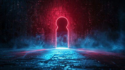 Futuristic neon keyhole doorway with glowing red and blue lights in a misty dark room, evoking a sense of mystery and science fiction.