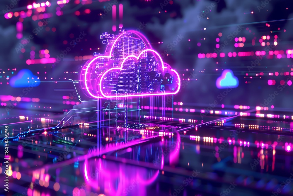 Poster digital cloud technology concept with neon lights and electronic circuit board elements representing