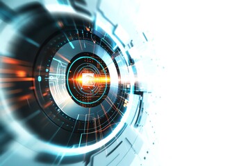 Futuristic technology concept background with a glowing core and digital circuit elements, symbolizing innovation and advancement.