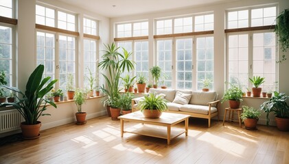 Fototapeta premium Bright Sunroom with Lush Green Plants, wooden floors, and potted plants in the corner. 