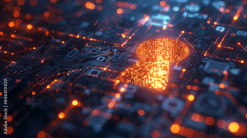 Poster futuristic glowing circuit board with a keyhole shape, representing cybersecurity and digital protec