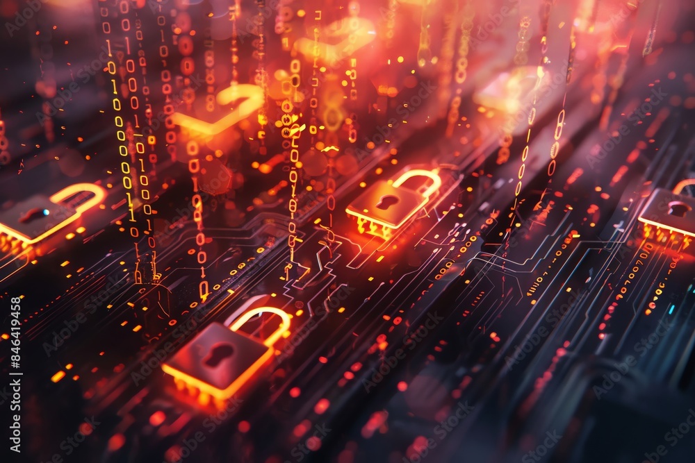 Poster digital cybersecurity concept with neon padlocks over circuit board background, representing data se