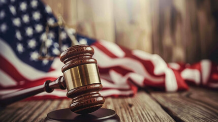 Wooden Gavel and American Flag in Judicial Setting