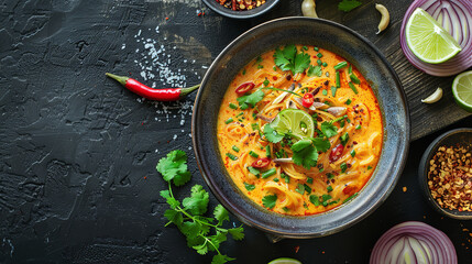 Northern Thai Khao Soi Soup with Lime and Chili in Rustic Setting  