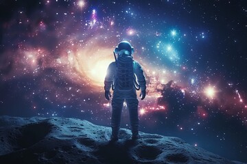 Obraz premium astronaut standing on the moon looking to the earth under galaxy start space.