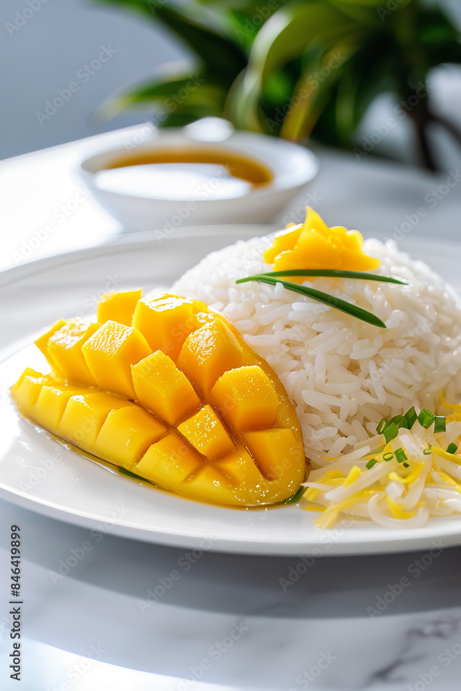 Wall mural vibrant thai mango sticky rice - minimalist culinary presentation