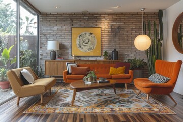 Mid-century modern living room with retrofuturistic furniture, including an iconic sideboard and a coffee table
