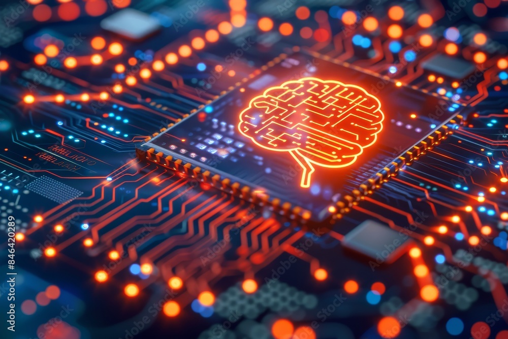 Poster digital brain with neon lights on a circuit board, showcasing advanced ai and neural technology