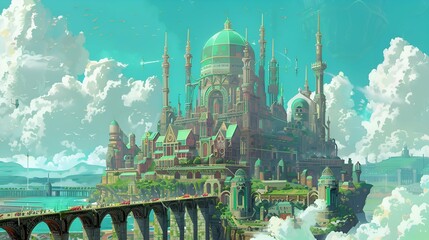 Fantasy Cityscape with Green Architecture and Bridge