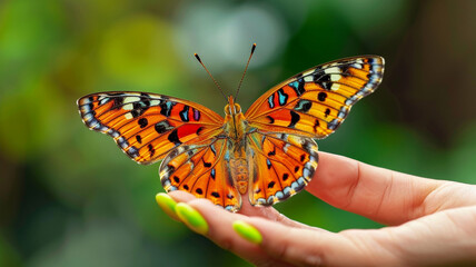 Obraz premium Closeup of a manicured hand holding a vibrant butterfly