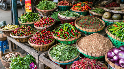 Vibrant Display of Traditional Thai Herbs and Spices  