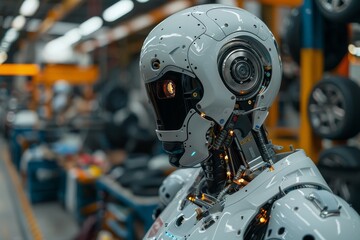 Fototapeta premium Robot with artificial intelligence in a car repair shop, car service