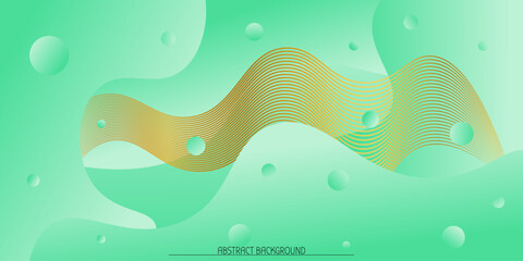 Abstract horizontal rectangular background with green gradient bubbles, spots, gold wave lines. Minimalistic background in bright green colors with circles. Trendy volumetric 3d background design.