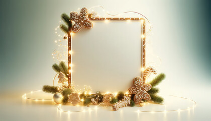Festive lighted Christmas frame adorned with pine cones and gingerbread cookies, perfect for seasonal greetings and holiday decor.