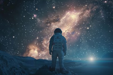 Fototapeta premium astronaut standing on the moon looking to the earth under galaxy start space.