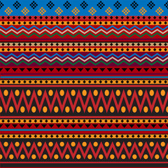 Seamless geometric pattern, colorful fabric pattern on red background.